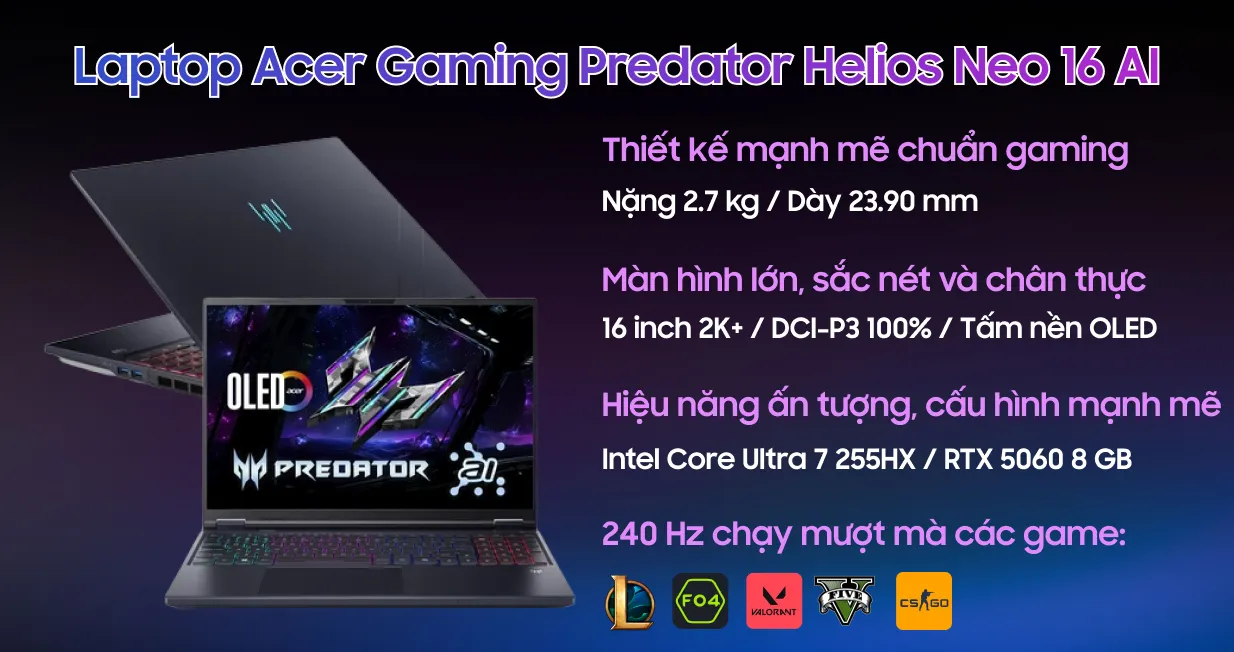 LAPTOP ACER GAMING PREDATOR HELIOS NEO 16 PHN16-73-757W NH.QVQSV.001 (Core Ultra 7 255HX/32GB RAM/1TB SSD/RTX5060 8G/16 INCH 2K 240Hz /WIN 11) ảnh 2