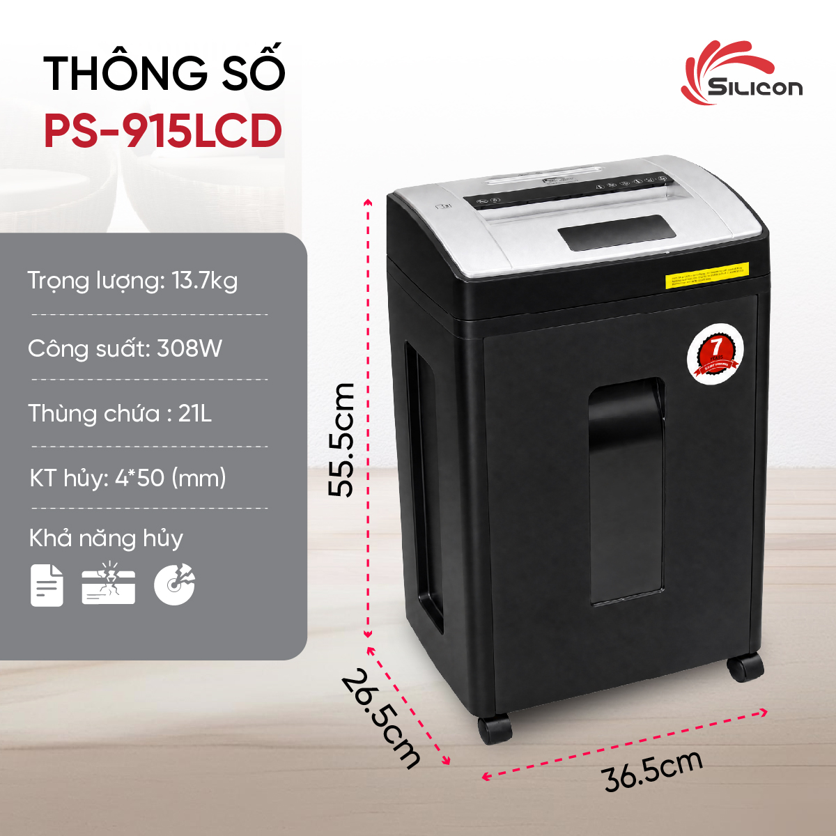 m&aacute;y hủy t&agrave;i liệu Silicon PS-915LCD