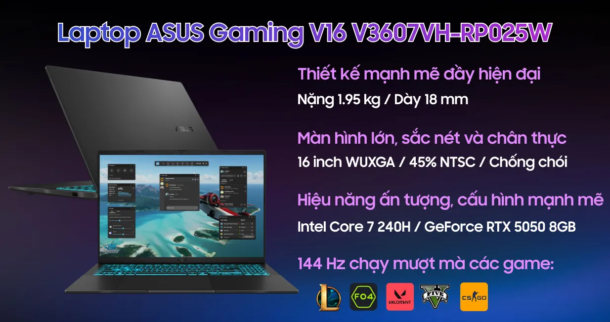 Laptop Asus Gaming Vivobook V3607VH-RP025W (Core 7 240H/ 16GB/ 512GB SSD/ RTX 5050 8GB/ 16 inch WUXGA/ 144Hz/ Win11/ Black) ảnh 2