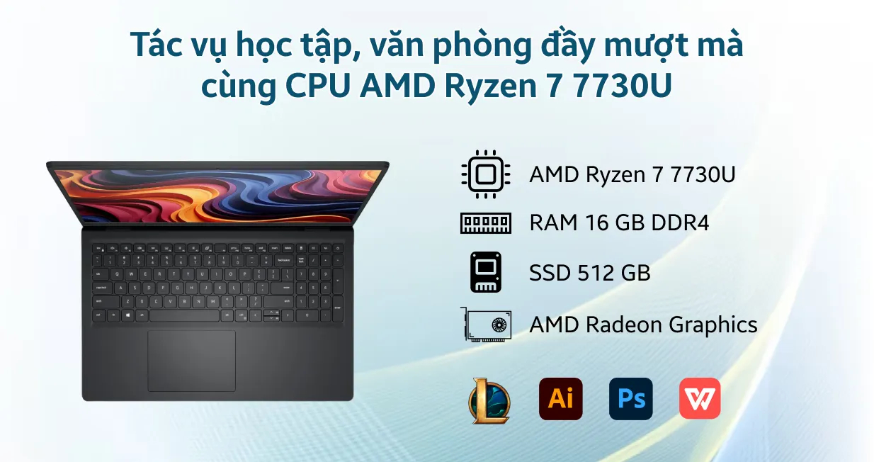 Laptop Dell DC15255-A1175 Ryzen 7 7730U, 16GB RAM, 512GB SSD