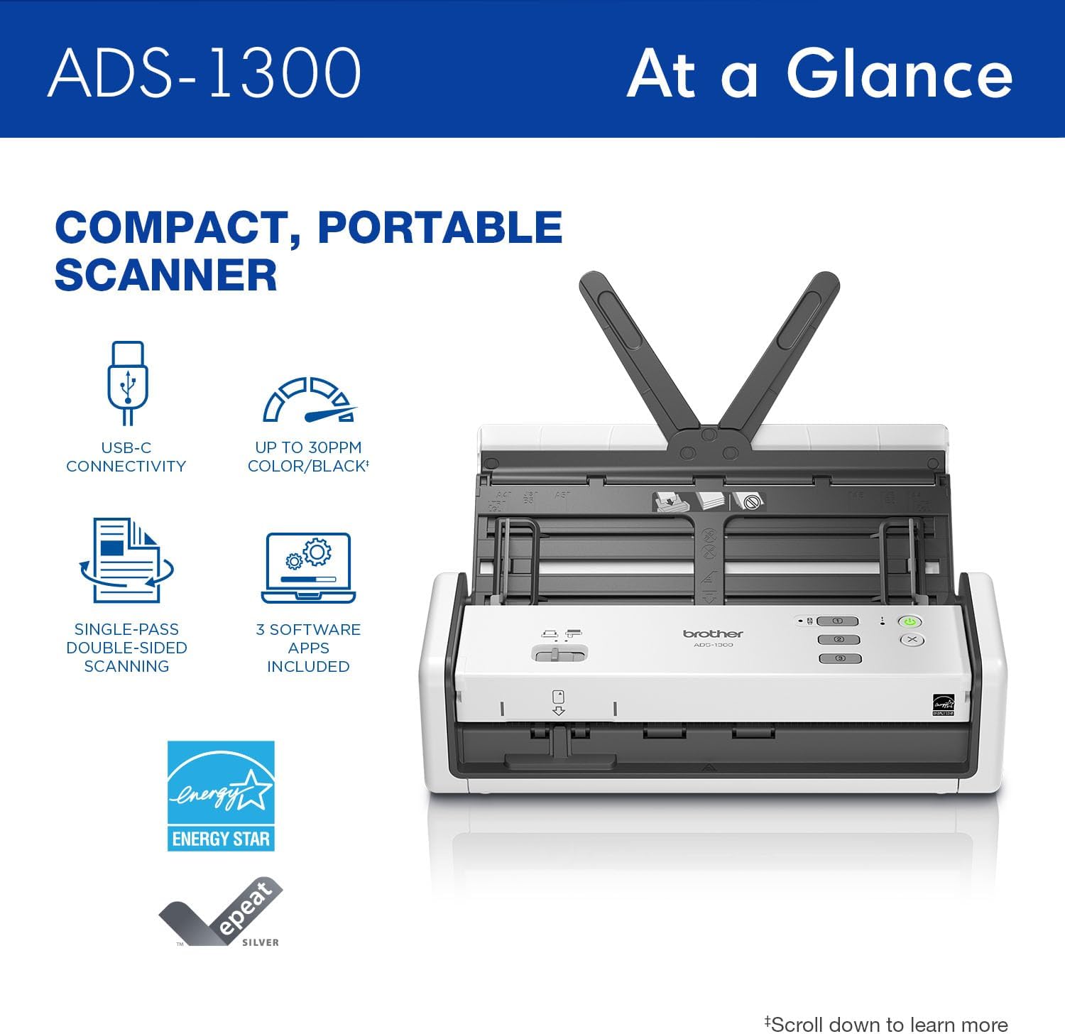Máy Scan Brother ADS-1300 (A4/A5/ Đảo mặt/ USB) ảnh 3