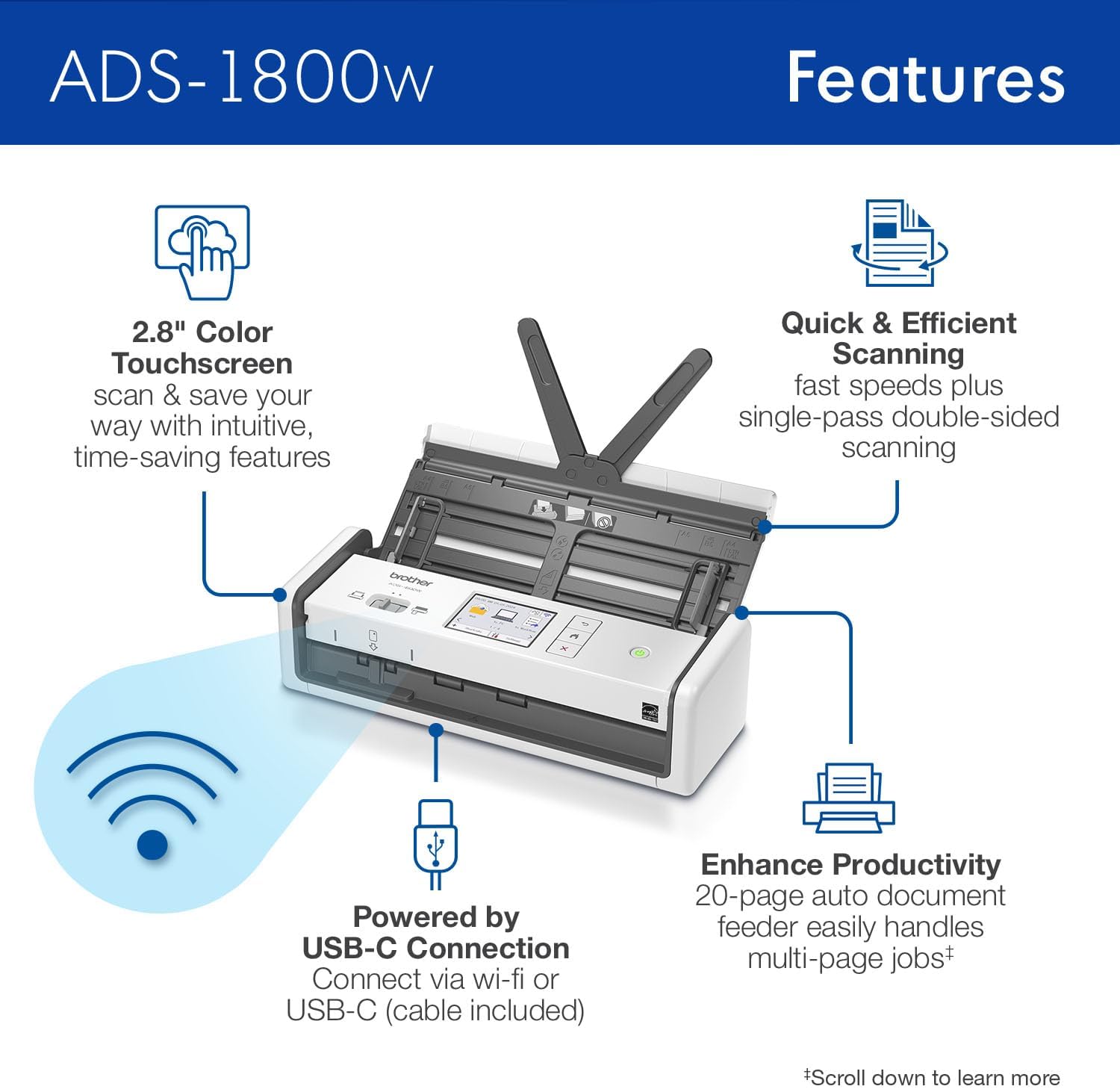 Máy Scan Brother ADS-1800W (A4/A5/ Đảo mặt/ ADF/ USB/ LAN/ WIFI) ảnh 2