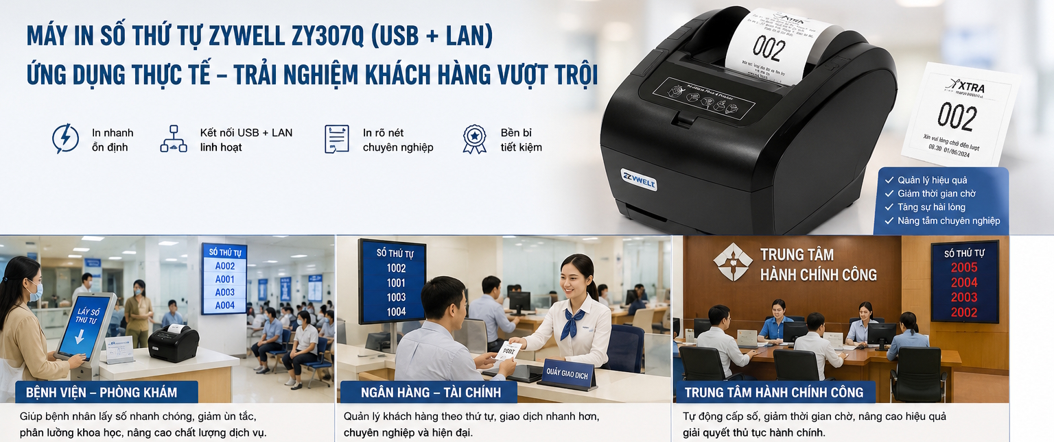 M&aacute;y in số thứ tự Zywell ZY307Q (USB + LAN) phục vụ kh&aacute;ch h&agrave;ng