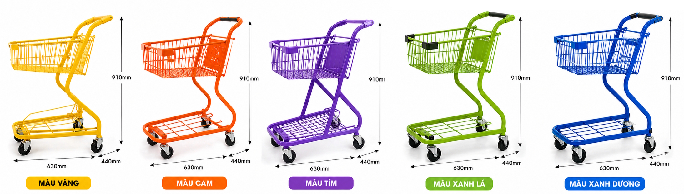 K&iacute;ch thước Xe đẩy si&ecirc;u thị 2 tầng mini: 630 x 440 x 910 mm (D&agrave;i x Rộng x Cao)