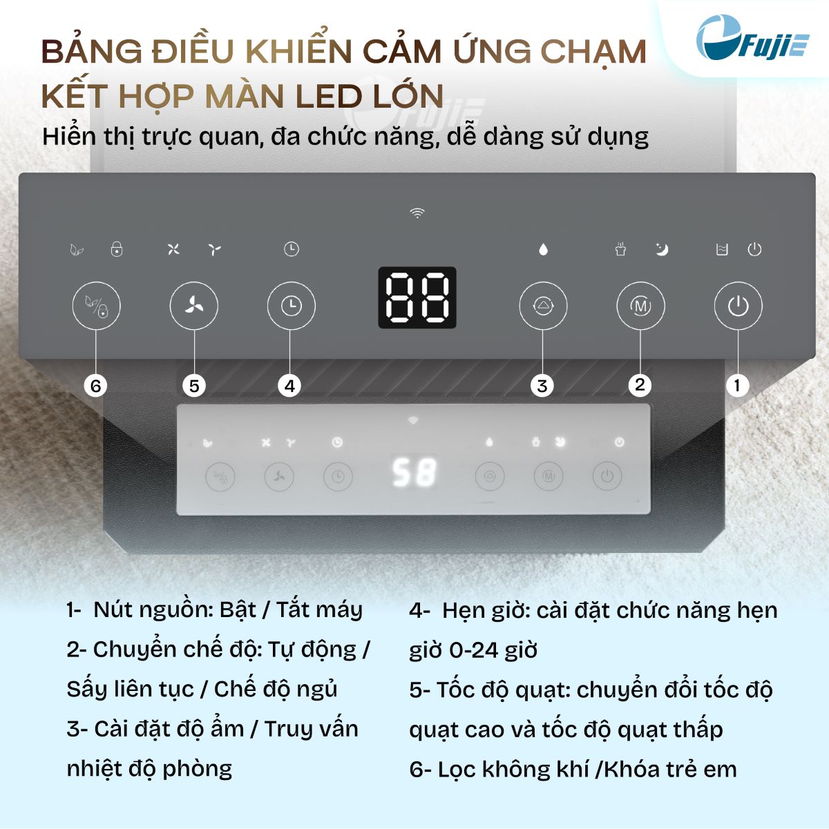 Máy hút ẩm dân dụng FujiE HM-912ED bảng điều khiển lớn