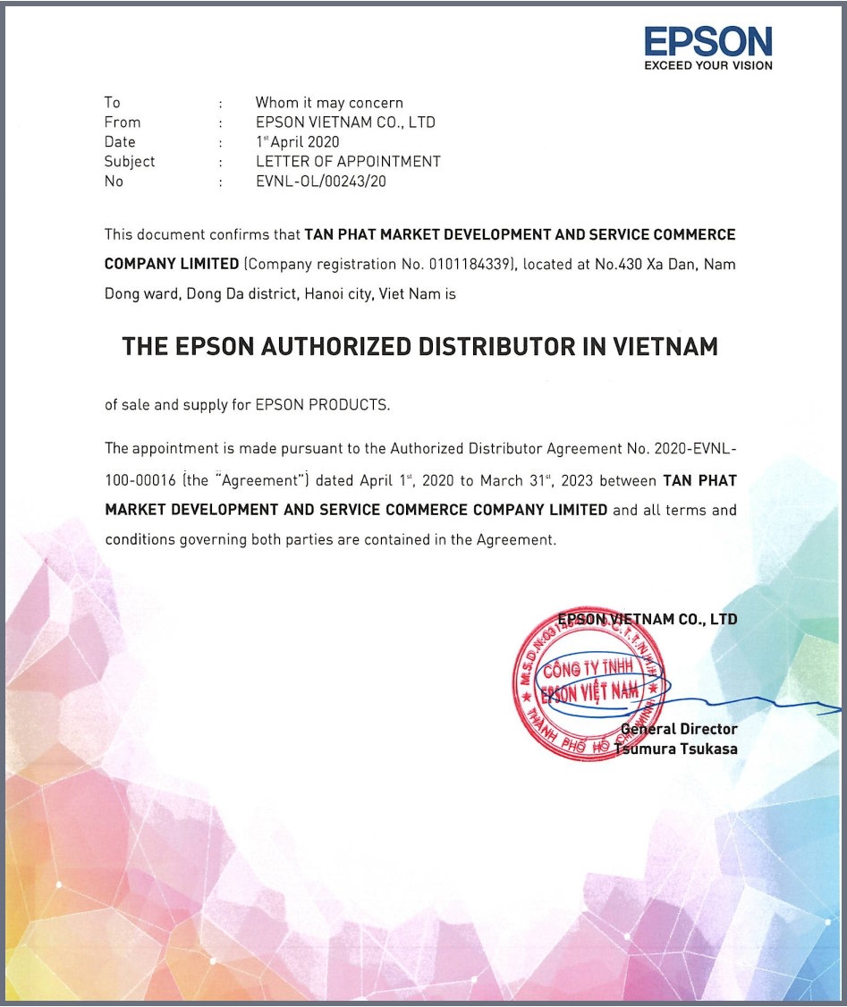 Tân Phát là nhà phân phối chính thức EPSON tại Việt Nam.
