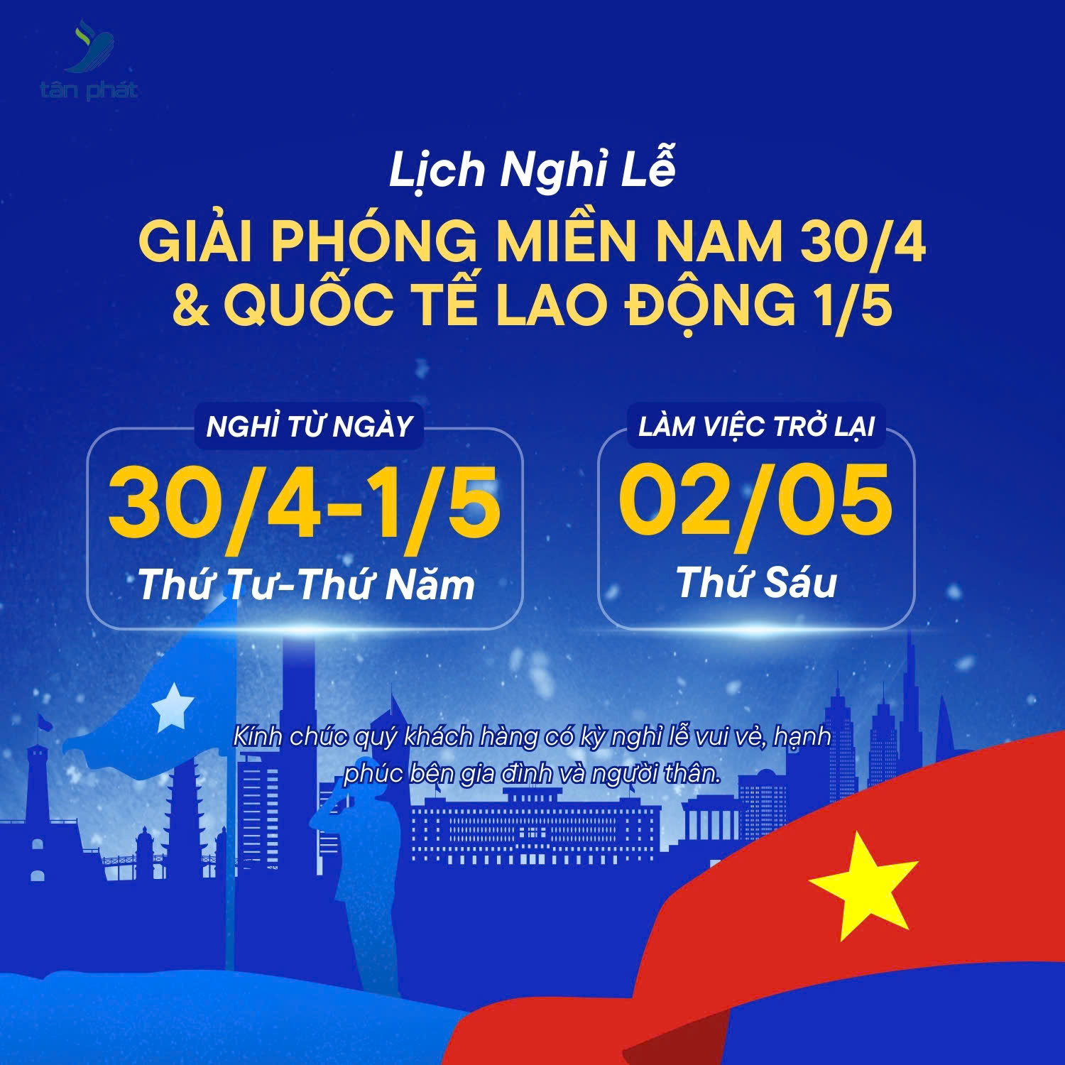 Lịch nghỉ lễ GIẢI PHÓNG MIỀN NAM 30.04 & QUỐC TẾ LAO ĐỘNG 2025