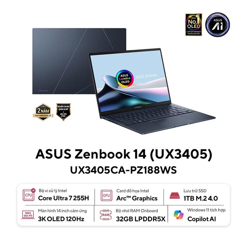 Laptop Asus Zenbook 14 OLED UX3405CA-PZ188WS (Ultra 7 255H/ 32GB/ 1TB SSD/ 14 inch 3K Touch/ 120Hz/ Win 11/ Office/ Blue/ Vỏ nhôm)