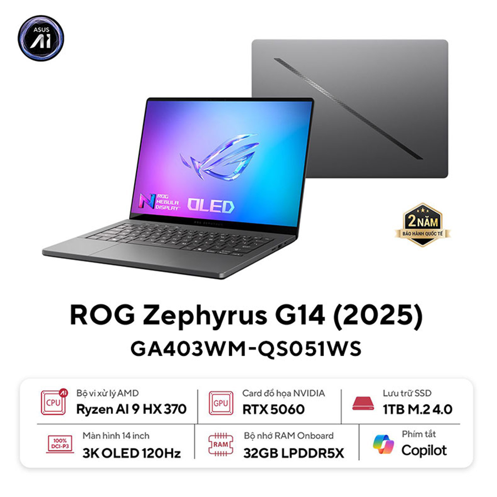Laptop Asus Gaming ROG Zephyrus GA403WM-QS051WS (AI 9 HX 370/ 32GB/ 1TB SSD/ RTX 5060 8GB/ 14 inch 3K/ 120Hz/ Win11/ Grey/ Túi/ Sạc nhanh/ Vỏ nhôm)