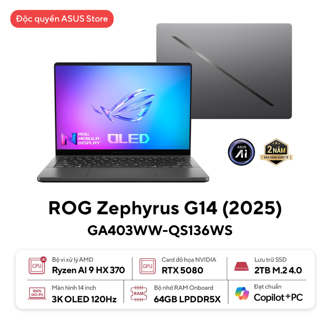 Laptop Asus Gaming ROG Zephyrus G14 GA403WW-QS136WS (Ryzen AI 9 HX370 | RTX 5080 | 64GB | 2TB | 14inch 3K | 120Hz | Win11 | Xám)