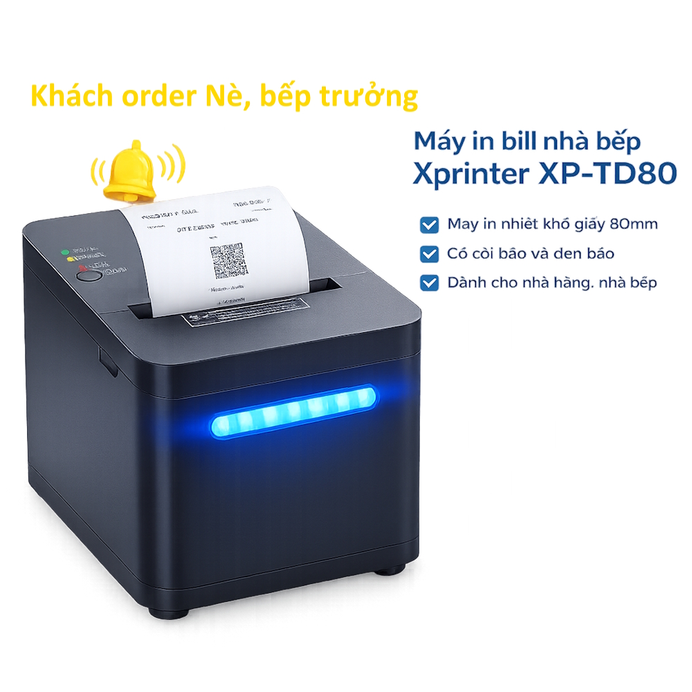 Máy in nhà bếp Xprinter XP-TD80 ( USB+LAN) có chuông, và đèn báo, chuyên cho F&B