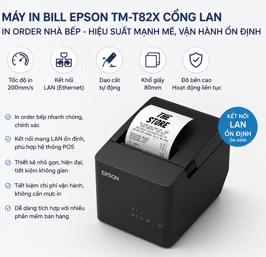 Máy in bill Epson TM-T82X cổng LAN in order nhà bếp