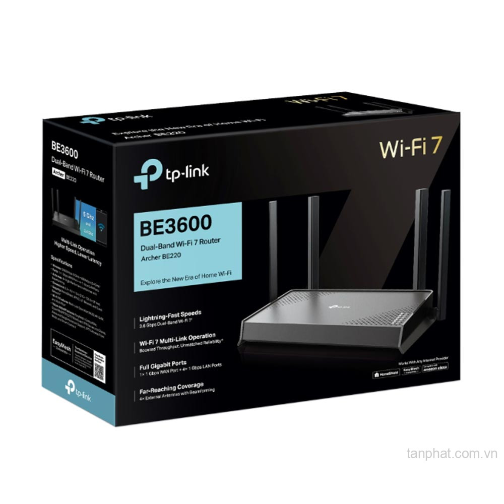 Bộ phát WiFi 7 TP-Link Archer BE220 BE3600 dual-band, 5 cổng Gigabit, 4 ăng-ten, EasyMesh
