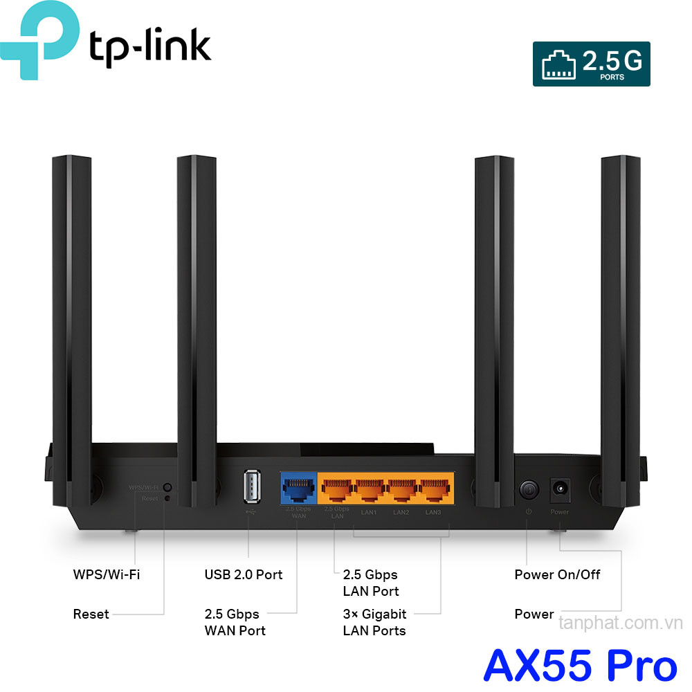 Bộ phát WiFi 6 TP-Link Archer AX55 Pro AX3000 dual-band, 2 cổng 2.5Gbps, 3 cổng Gigabit, 4 ăng-ten, EasyMesh