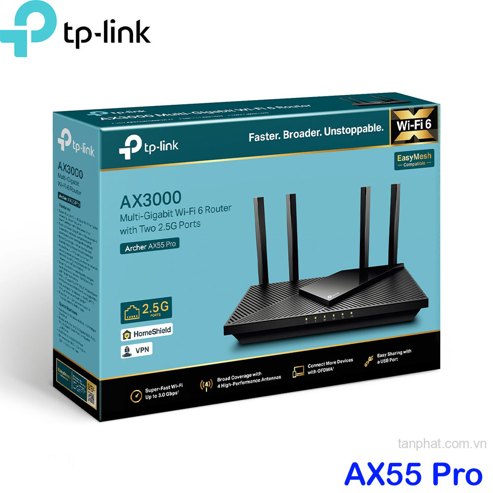 Bộ phát WiFi 6 TP-Link Archer AX55 Pro AX3000 dual-band, 2 cổng 2.5Gbps, 3 cổng Gigabit, 4 ăng-ten, EasyMesh