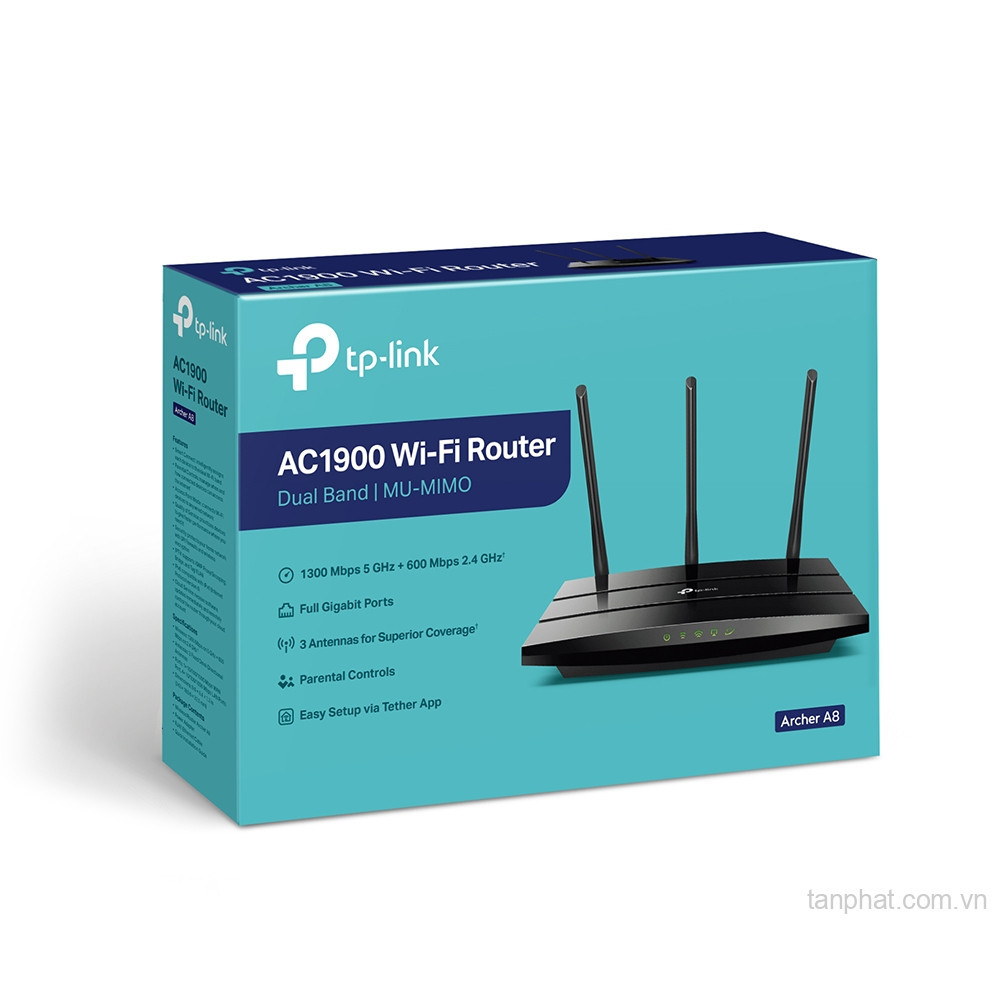 Bộ phát WiFi 5 TP-Link Archer A8 AC1900 dual-band, 5 cổng Gigabit, 3 ăng-ten, EasyMesh