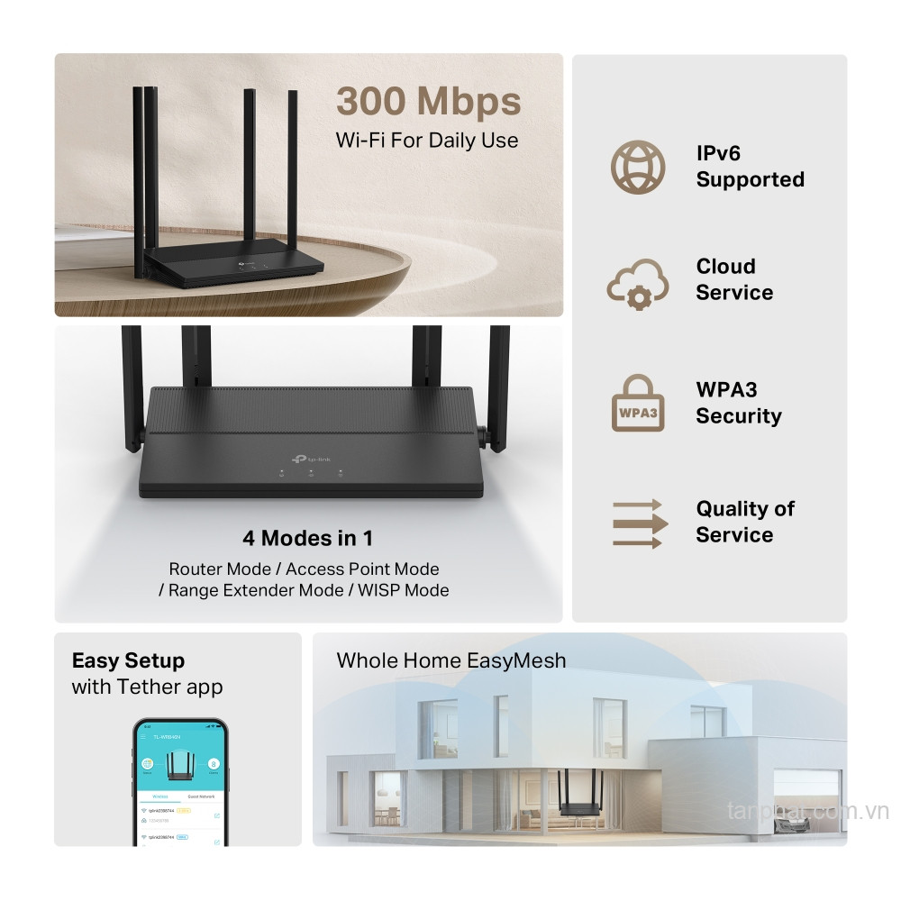 Bộ phát WiFi 4 TP-Link TL-WR846N N300, 4 ăng-ten 5dBi, 1 cổng WAN và 3 cổng LAN 10/100Mbps, EasyMesh