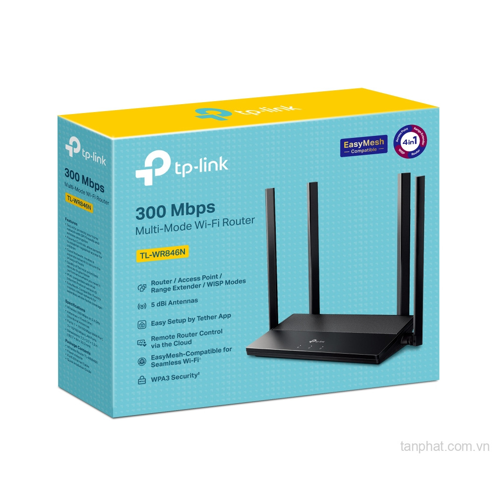 Bộ phát WiFi 4 TP-Link TL-WR846N N300, 4 ăng-ten 5dBi, 1 cổng WAN và 3 cổng LAN 10/100Mbps, EasyMesh