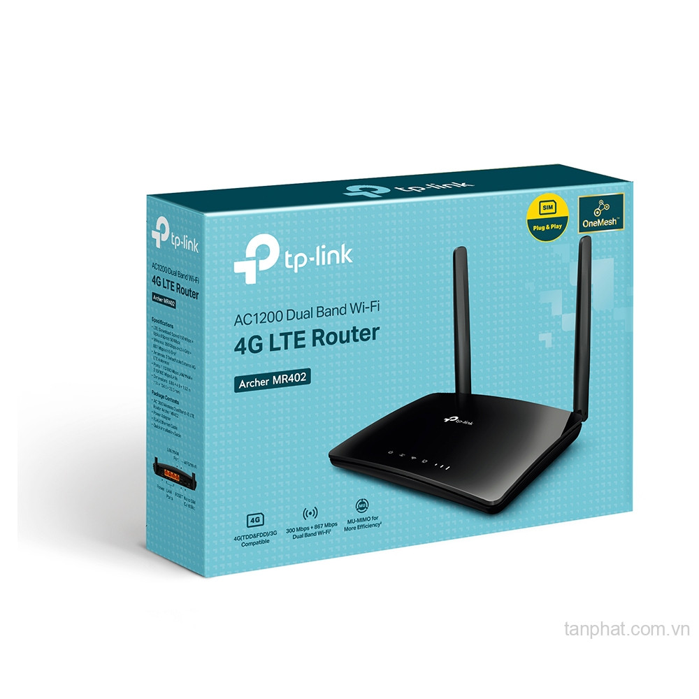 Router WiFi 4G LTE TP-Link Archer MR402 AC1200 dual-band, 4 cổng Fast Ethernet, 64 thiết bị, OneMesh