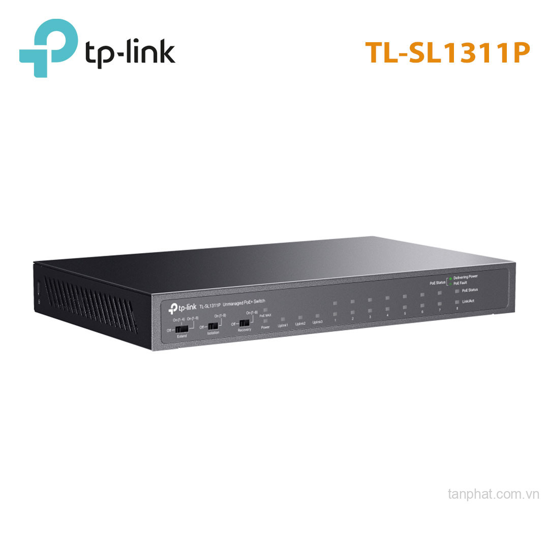 Switch TP-Link TL-SL1311P (10/100Mbps/ 11 cổng/ 8 cổng PoE+/ 2 cổng Gigabit/ 1 cổng SFP/ công suất PoE 65W/ vỏ kim loại)