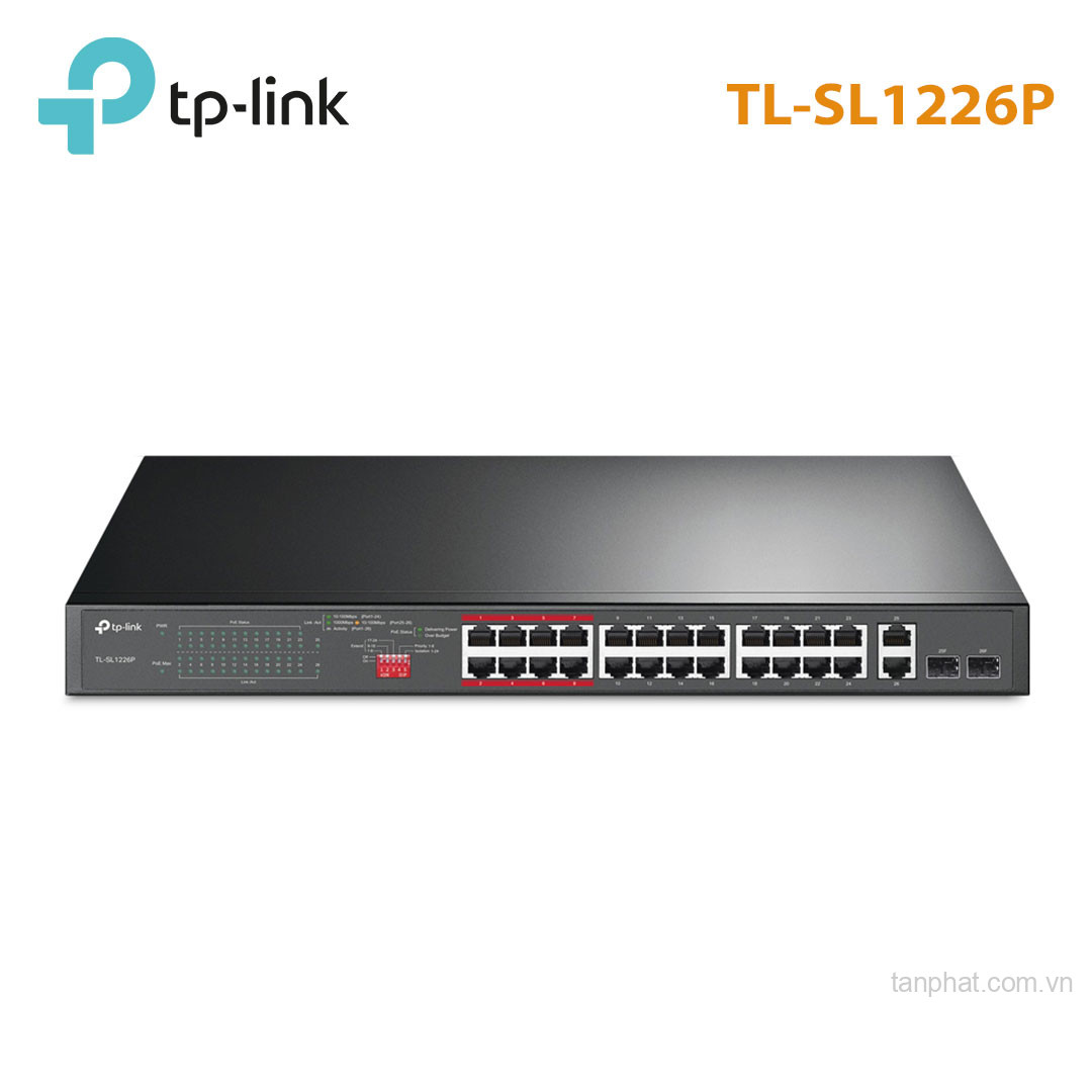 Switch TP-Link TL-SL1226P (10/100Mbps/ 26 cổng/ 24 cổng PoE+/ 2 cổng Gigabit/ 2 cổng combo SFP/ công suất PoE 250W/ vỏ kim loại)