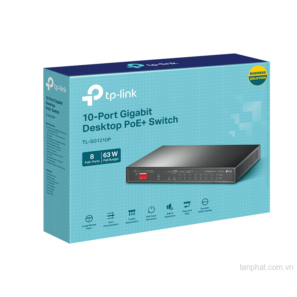Switch TP-Link TL-SG1210P (Gigabit (1000Mbps)/ 10 cổng/ 8 cổng PoE+/ 1 cổng SFP/ công suất PoE 63W/ vỏ kim loại)