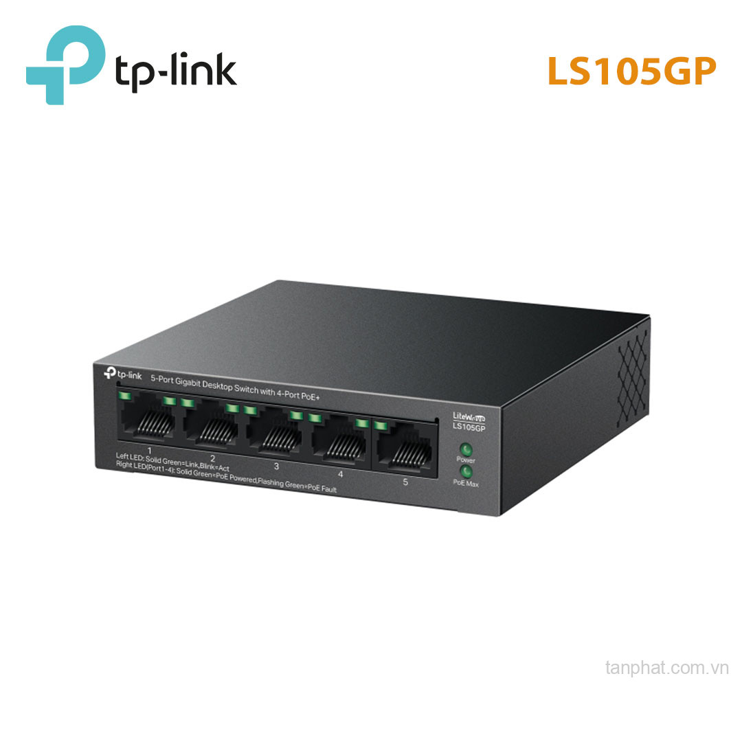Switch TP-Link LS105GP (Gigabit (1000Mbps)/ 5 cổng/ 4 cổng PoE+/ công suất PoE 65W/ vỏ kim loại)