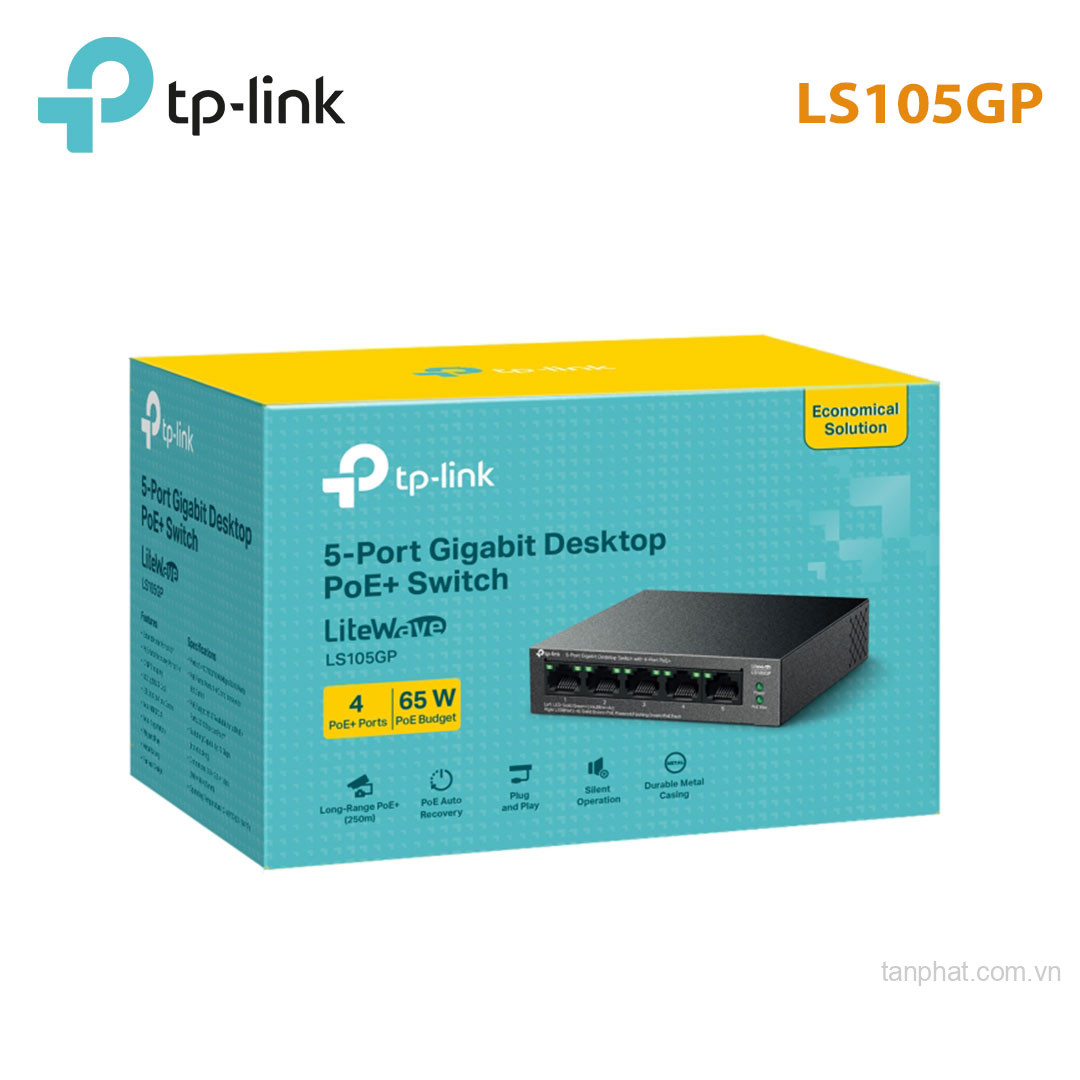 Switch TP-Link LS105GP (Gigabit (1000Mbps)/ 5 cổng/ 4 cổng PoE+/ công suất PoE 65W/ vỏ kim loại)