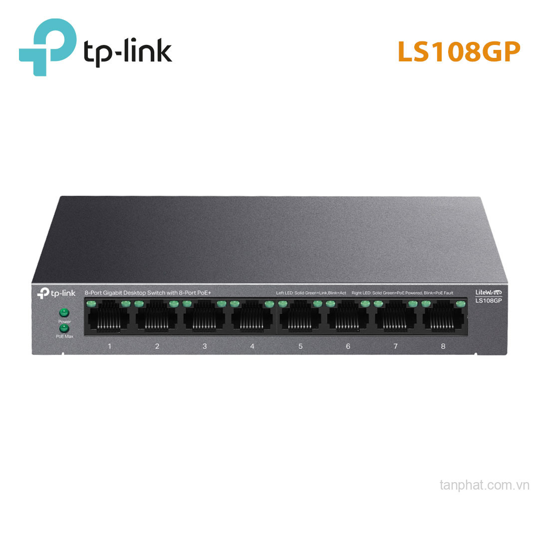 Switch TP-Link LS108GP (Gigabit (1000Mbps)/ 8 cổng PoE+/ công suất PoE 62W/ vỏ kim loại)