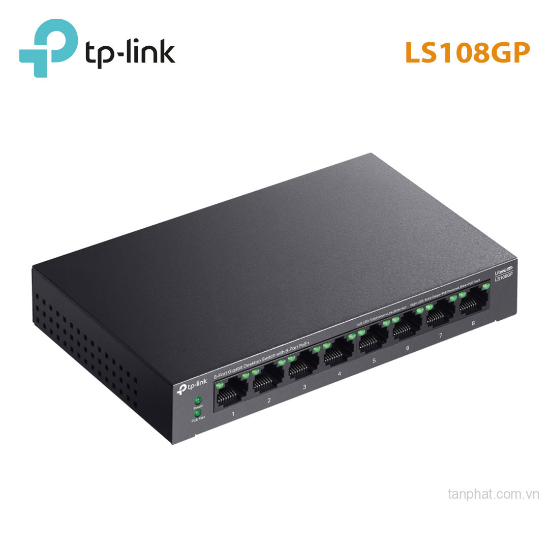 Switch TP-Link LS108GP (Gigabit (1000Mbps)/ 8 cổng PoE+/ công suất PoE 62W/ vỏ kim loại)