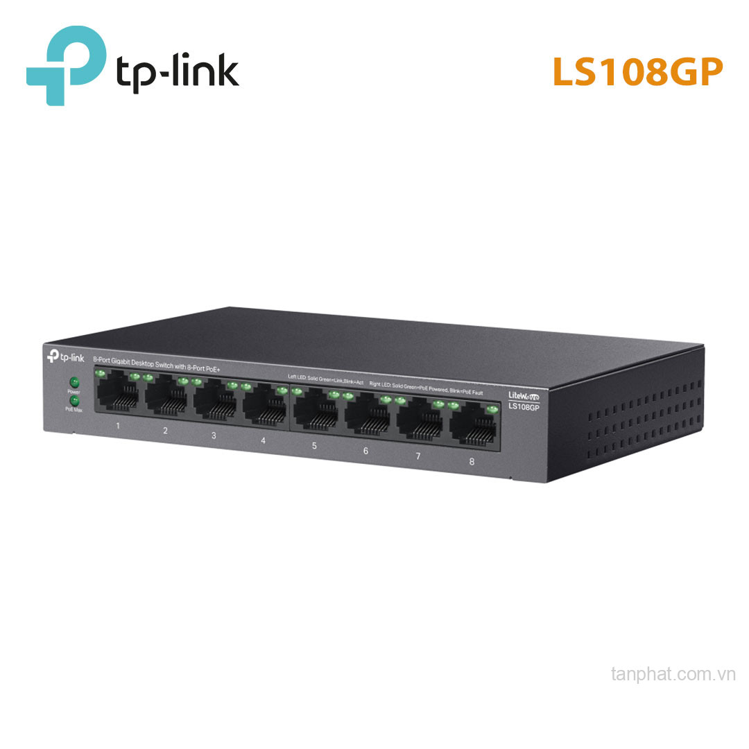 Switch TP-Link LS108GP (Gigabit (1000Mbps)/ 8 cổng PoE+/ công suất PoE 62W/ vỏ kim loại)