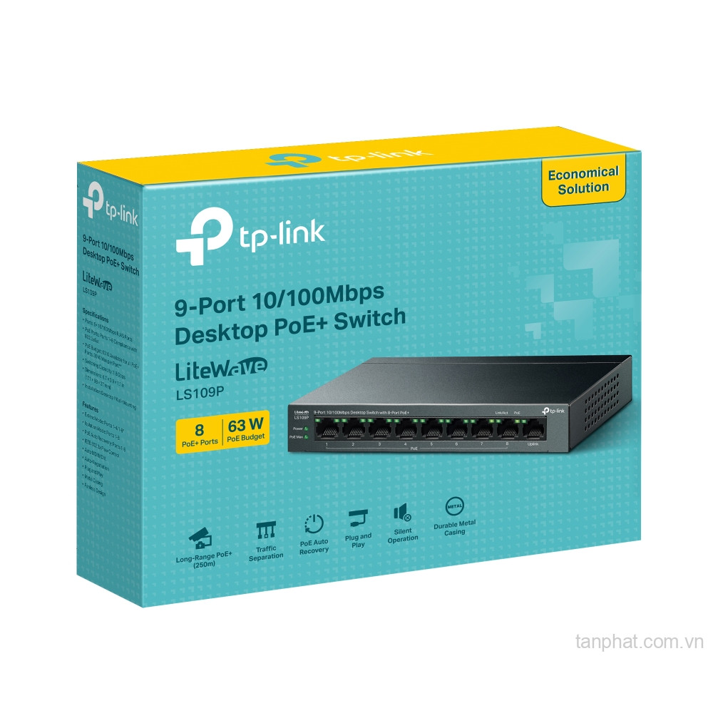 Switch TP-Link LS109P (10/100Mbps/ 9 cổng/ 8 cổng PoE+/ công suất PoE 63W/ vỏ kim loại)