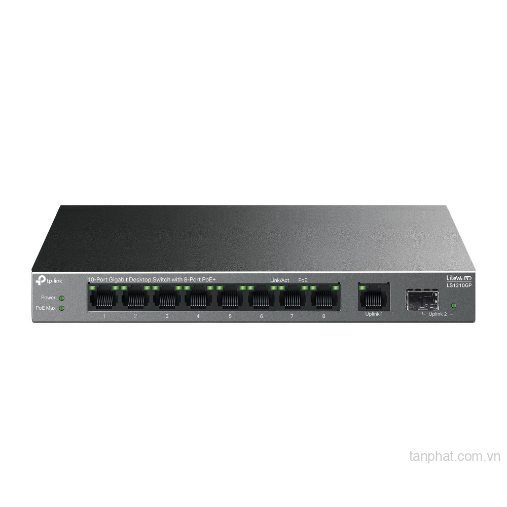 Switch TP-Link LS1210P (10/100Mbps/ 10 cổng/ 8 cổng PoE+/ 2 cổng Gigabit/ công suất PoE 96W/ vỏ kim loại)