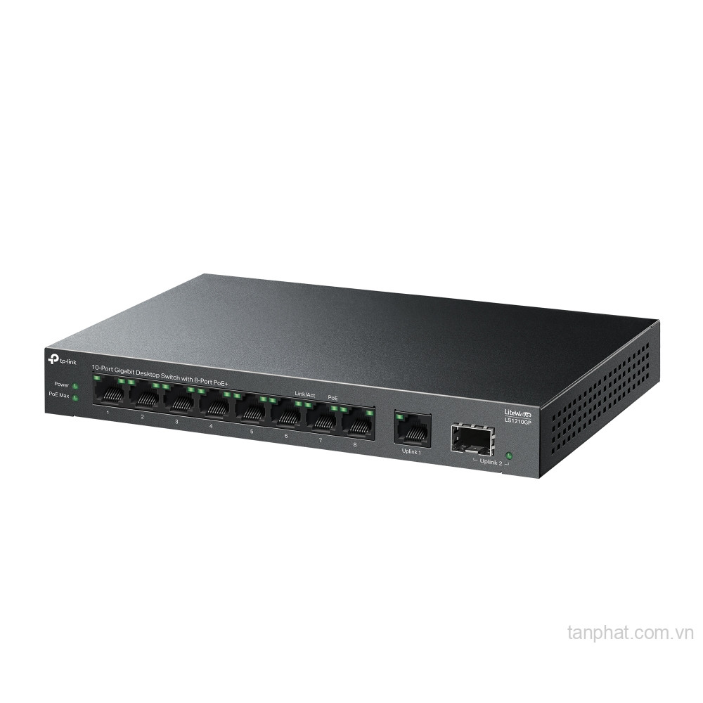 Switch TP-Link LS1210P (10/100Mbps/ 10 cổng/ 8 cổng PoE+/ 2 cổng Gigabit/ công suất PoE 96W/ vỏ kim loại)