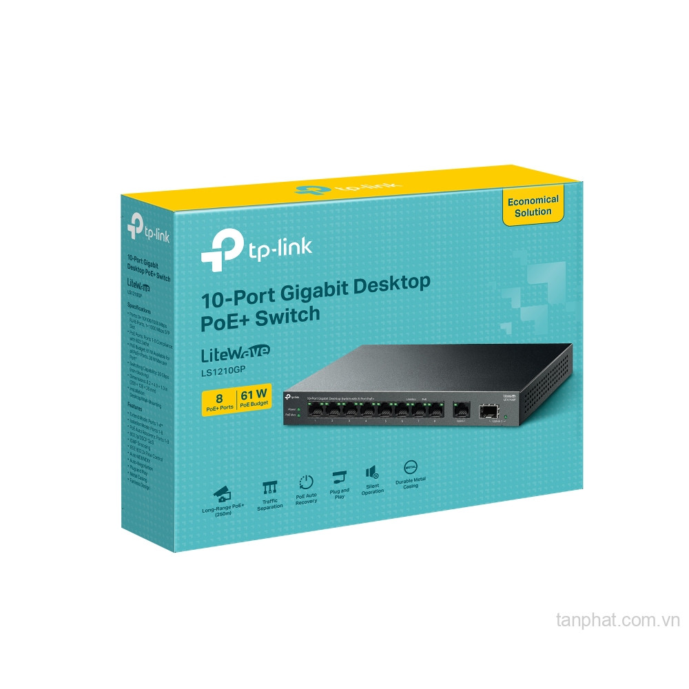 Switch TP-Link LS1210GP (Gigabit (1000Mbps)/ 10 cổng/ 8 cổng PoE+/ 1 cổng SFP/ công suất PoE 61W/ vỏ kim loại)