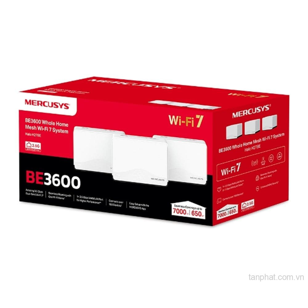 Bộ phát WiFi mesh 7 Mercusys Halo H27BE BE3600, 1 cổng 2.5Gbps, 2 cổng Gigabit, 150 thiết bị (3-pack)