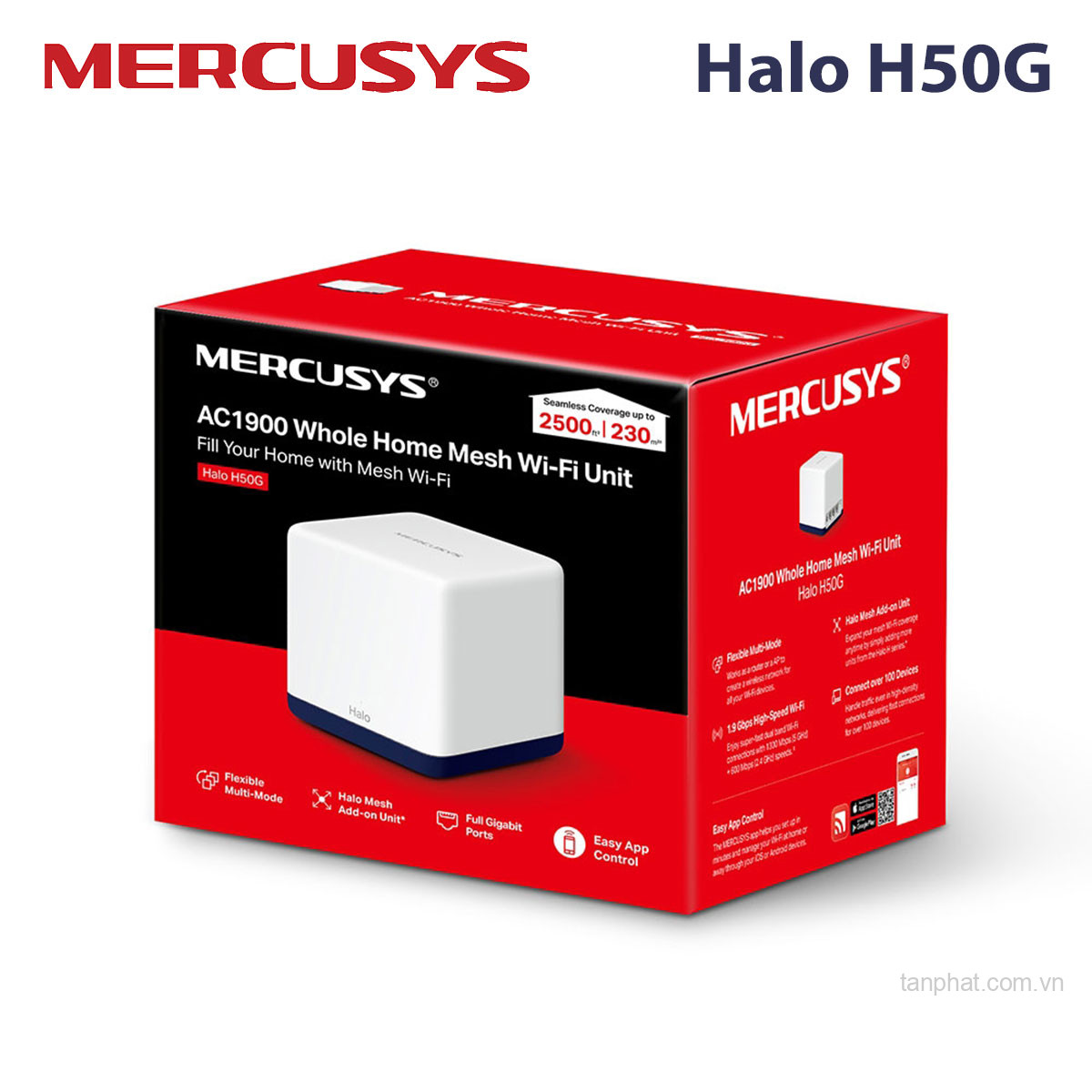 Bộ phát WiFi mesh 5 Mercusys Halo H50G AC1900, 3 cổng Gigabit, 100 thiết bị (1-pack) 