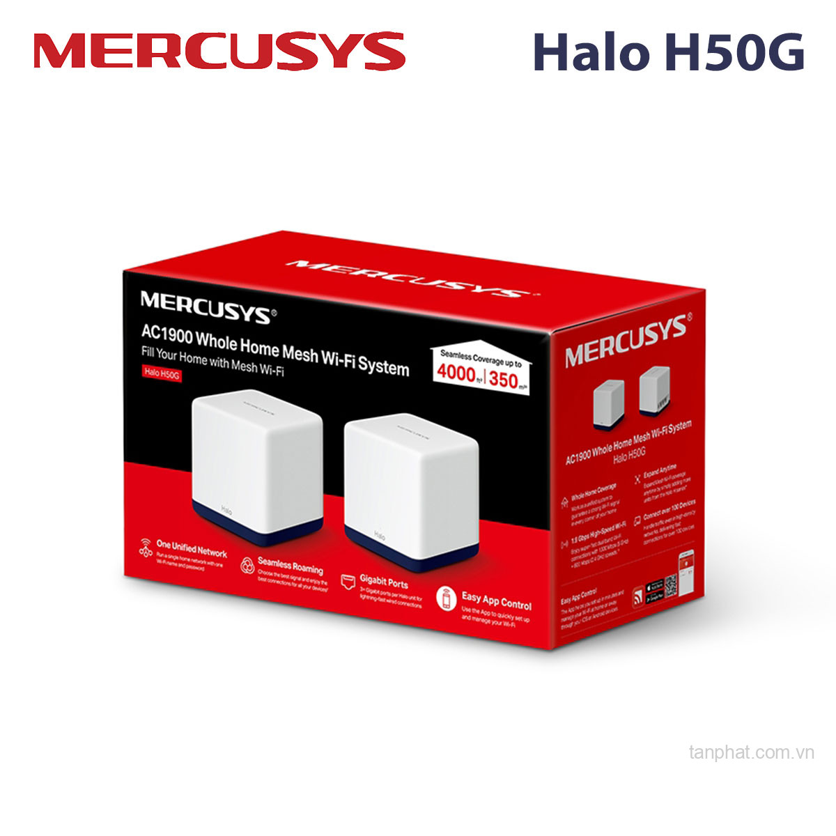 Bộ phát WiFi mesh 5 Mercusys Halo H50G AC1900, 3 cổng Gigabit, 100 thiết bị (2-pack)