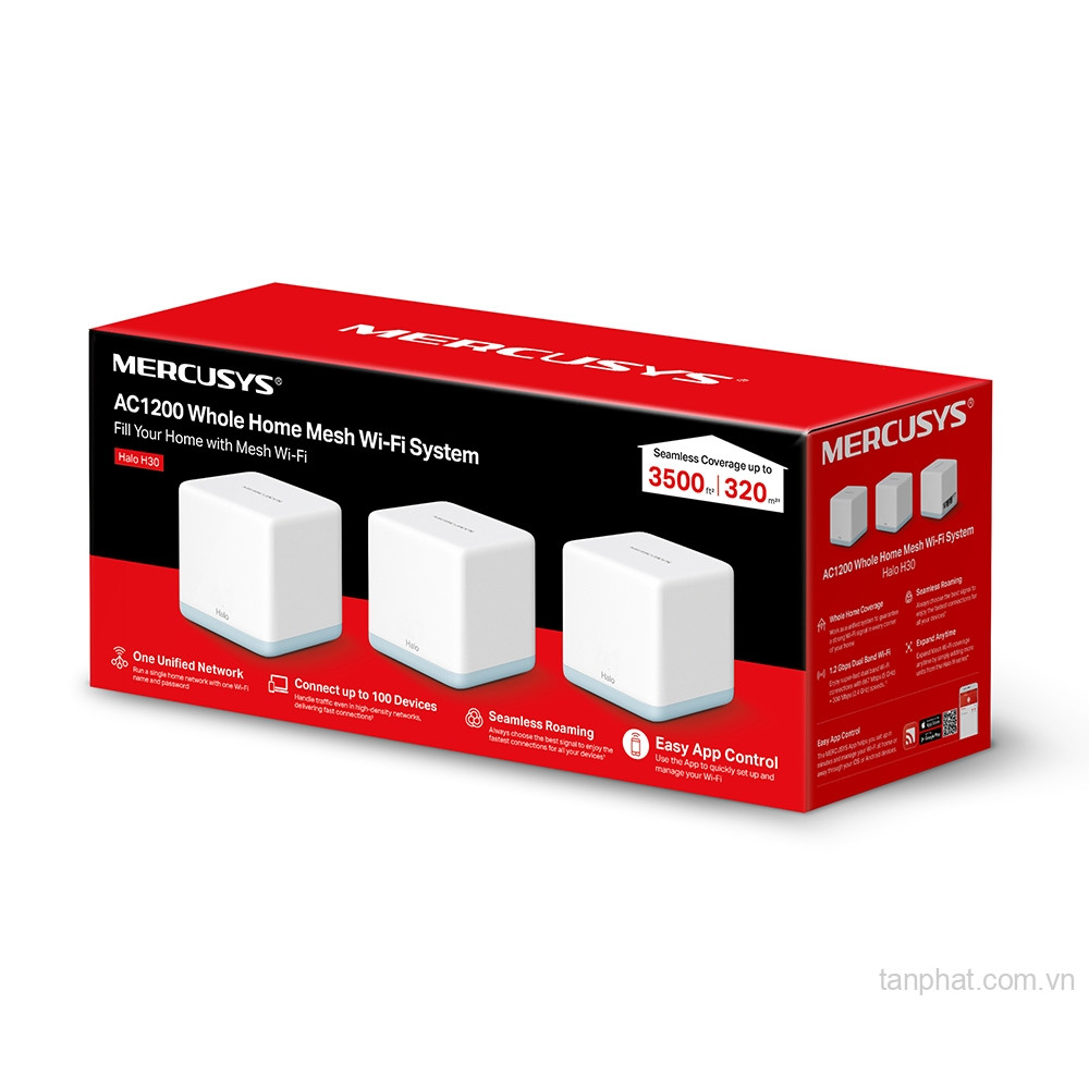 Bộ phát WiFi mesh 5 Mercusys Halo H30 AC1200, 2 cổng Fast Ethernet, 100 thiết bị (3-pack)