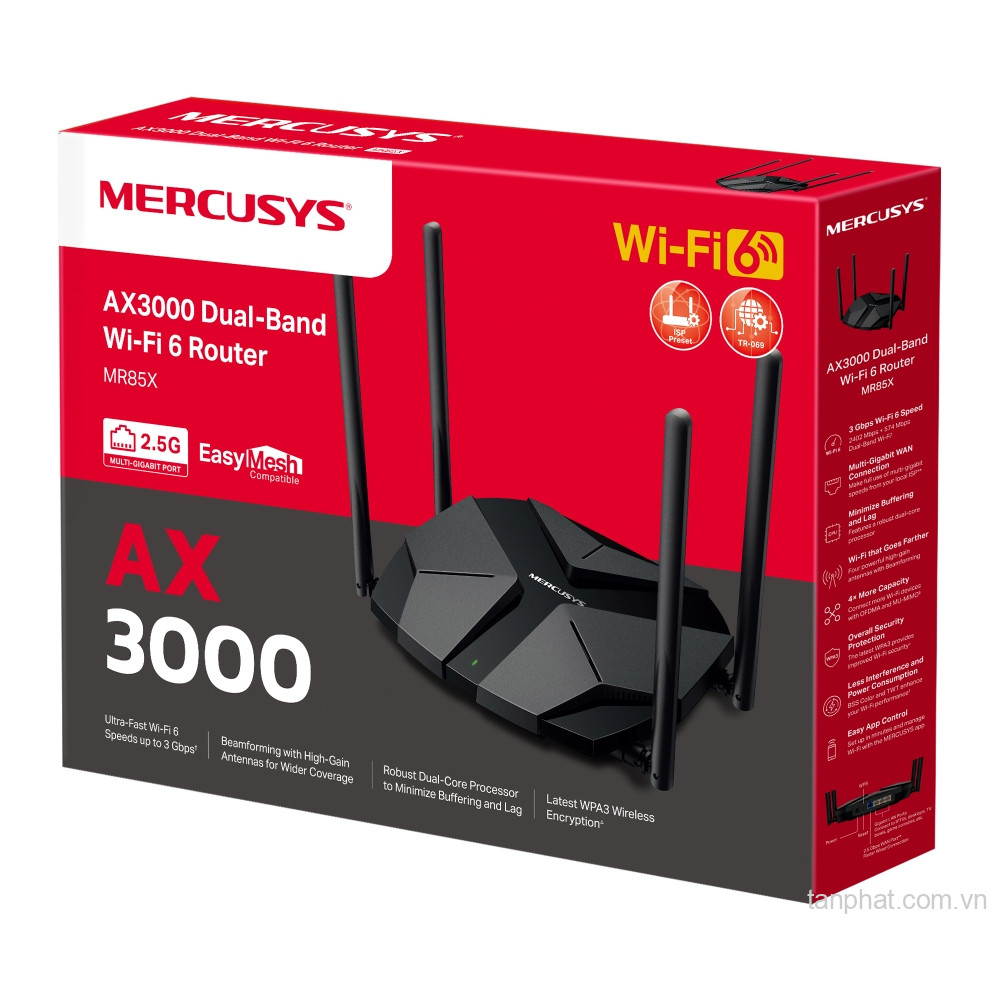 Bộ phát WiFi 6 Mercusys MR85X AX3000 dual-band, 1 cổng 2.5Gbps, 3 cổng Gigabit, 4 ăng-ten, EasyMesh