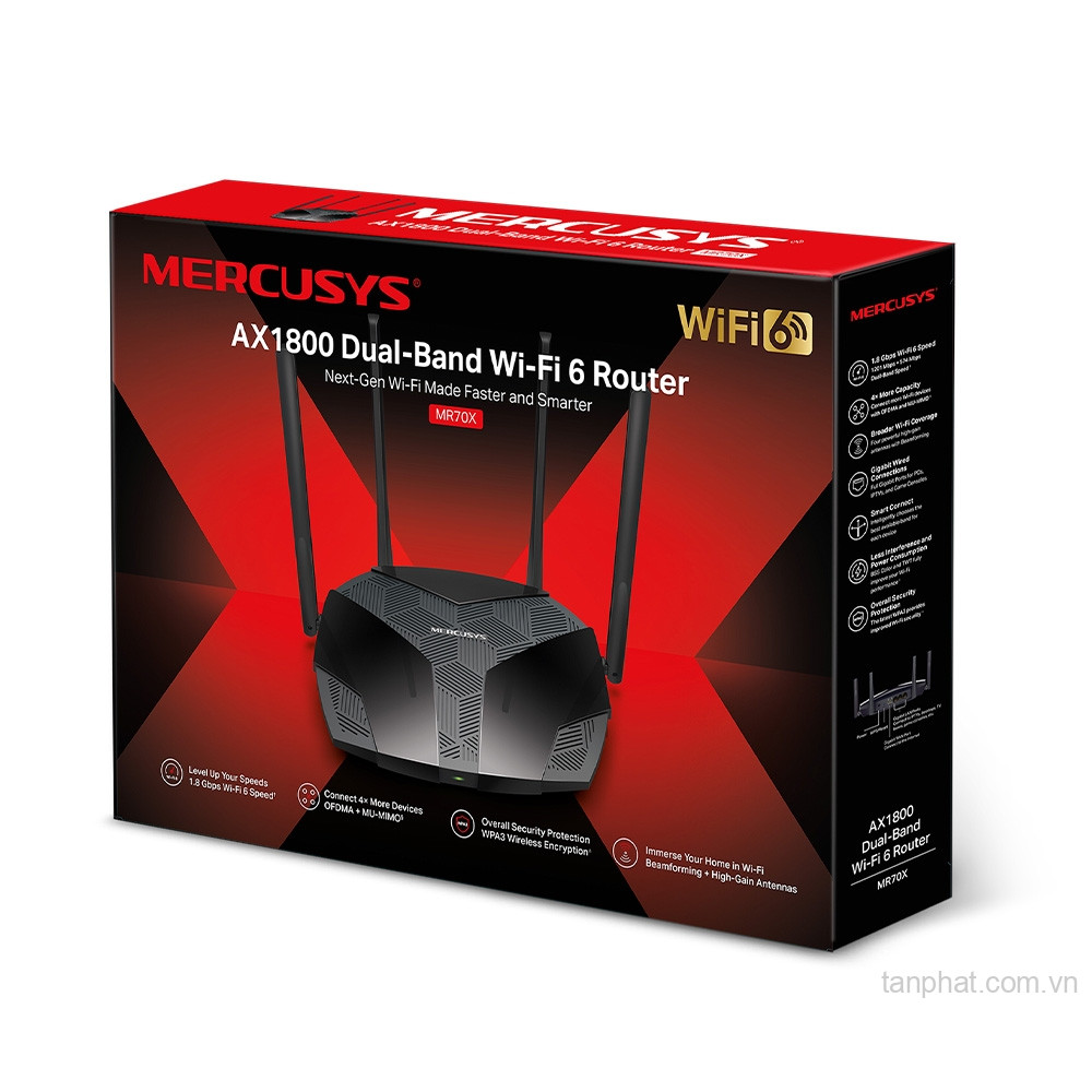 Bộ phát WiFi 6 Mercusys MR70X AX1800 dual-band, 4 cổng Gigabit, 4 ăng-ten