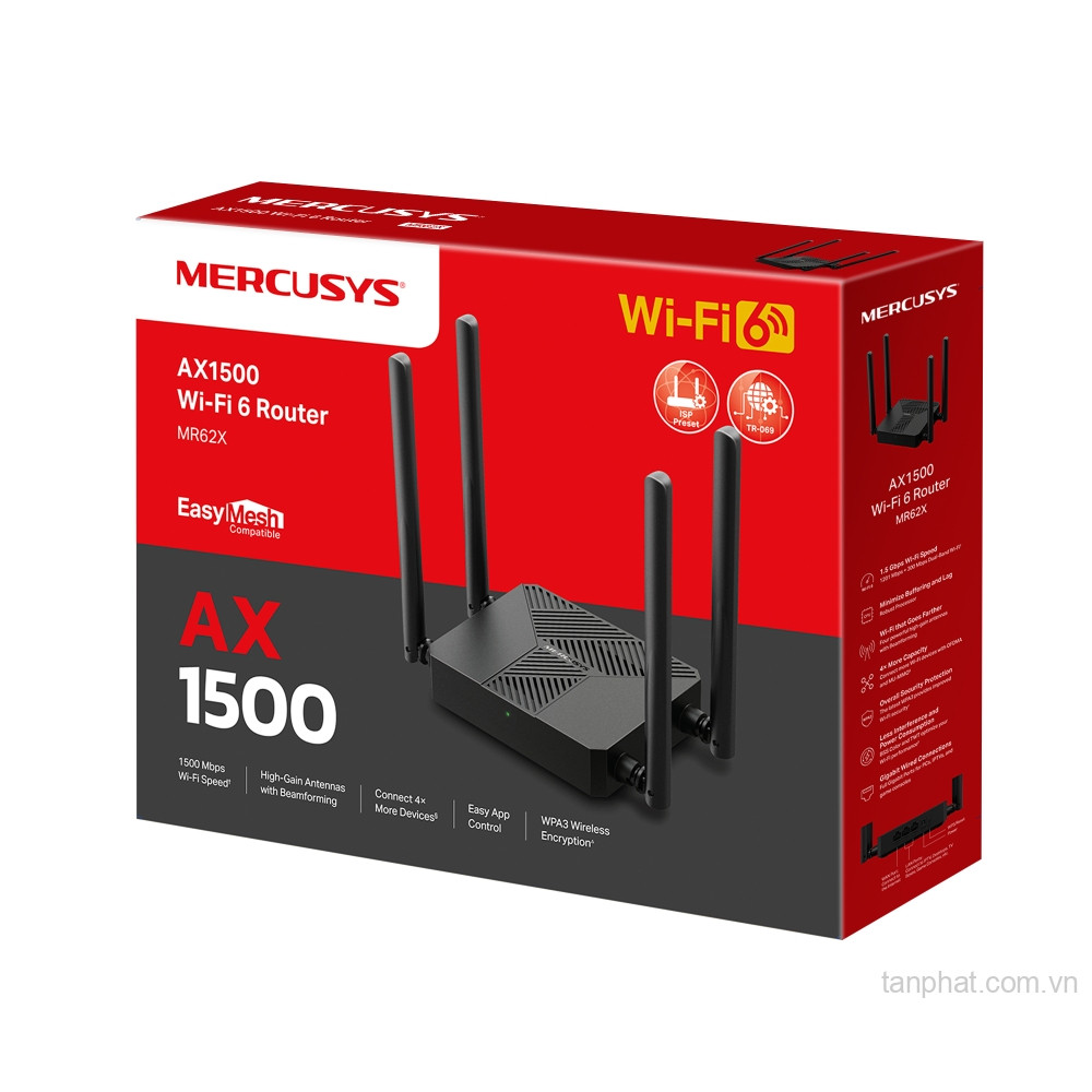 Bộ phát WiFi 6 Mercusys MR62X AX1500 dual-band, 3 cổng Gigabit, 4 ăng-ten, EasyMesh