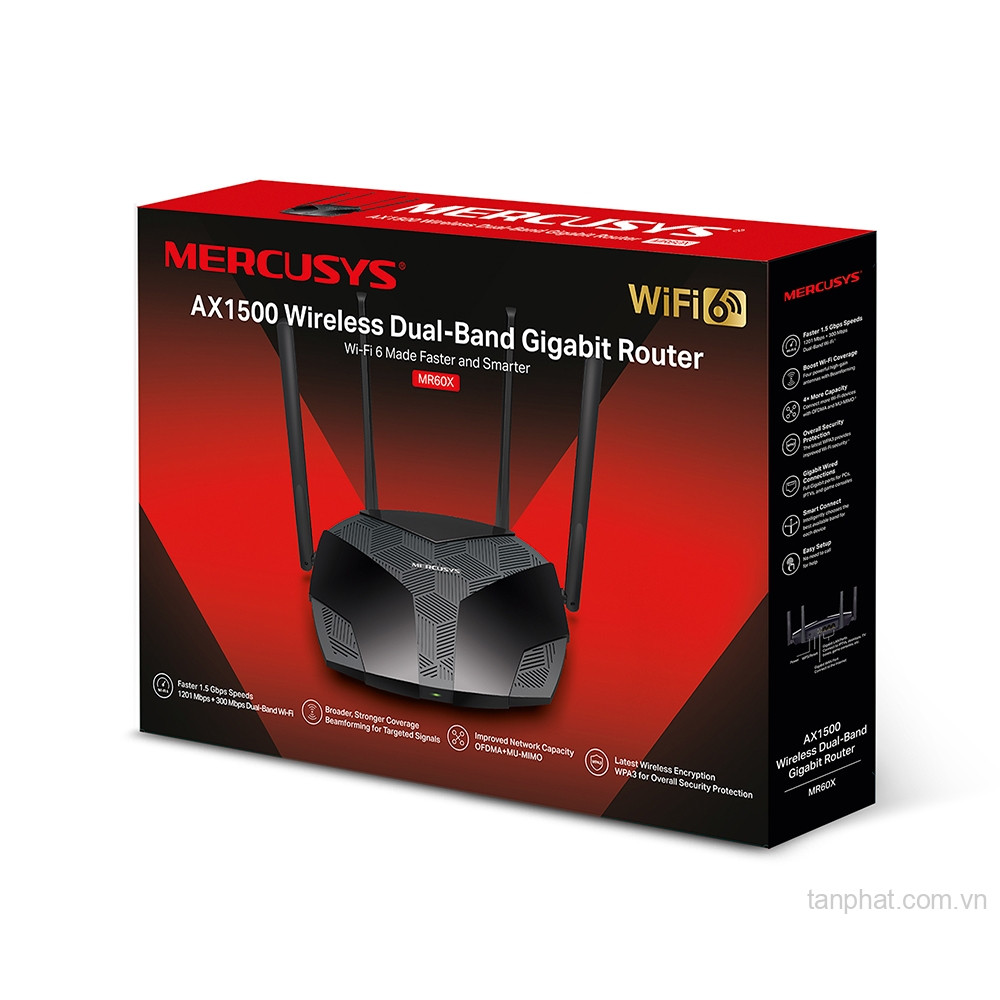 Bộ phát WiFi 6 Mercusys MR60X AX1500 dual-band, 4 cổng Gigabit, 4 ăng-ten