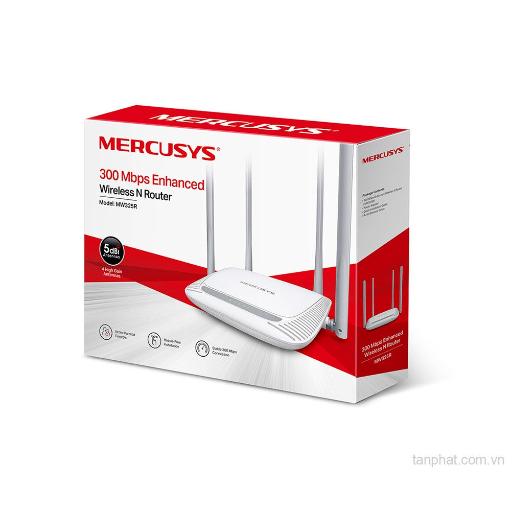 Bộ phát WiFi 4 Mercusys MW325R N300, 4 cổng Fast Ethernet, 4 ăng-ten 5dBi