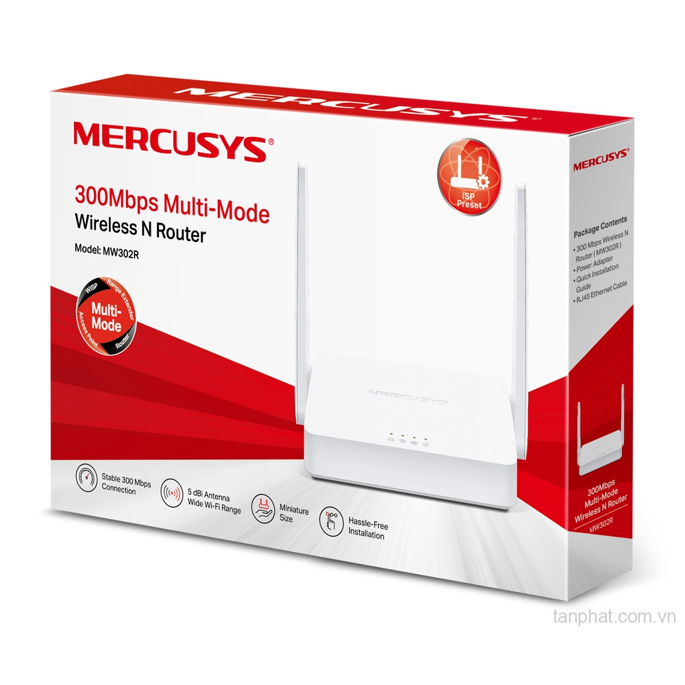 Bộ phát WiFi 4 Mercusys MW302R N300, 3 cổng Fast Ethernet, 2 ăng-ten 5dBi