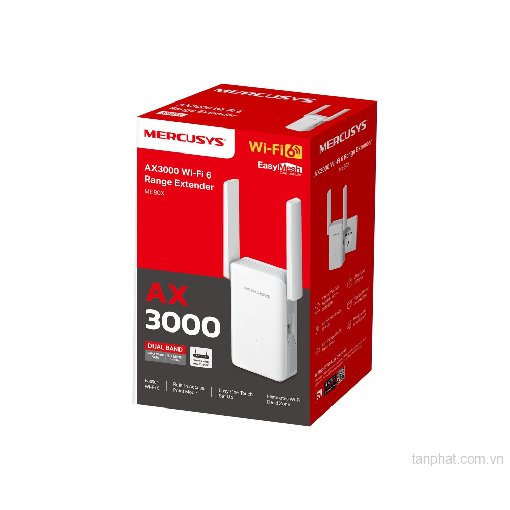 Bộ mở rộng sóng WiFi 6 Mercusys ME80X AX3000 dual-band, 1 cổng Gigabit, 2 ăng-ten, EasyMesh