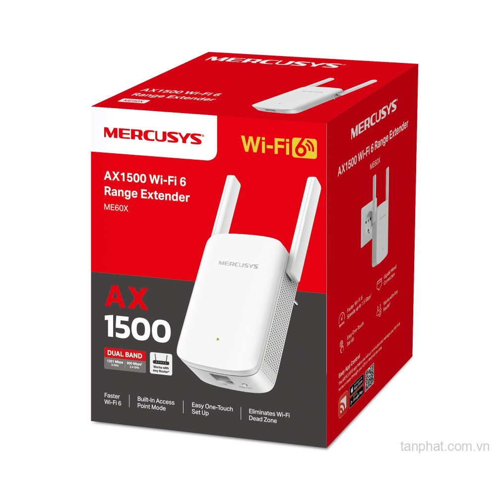 Bộ mở rộng sóng WiFi 6 Mercusys ME60X AX1500 dual-band, 1 cổng Gigabit, 2 ăng-ten, EasyMesh