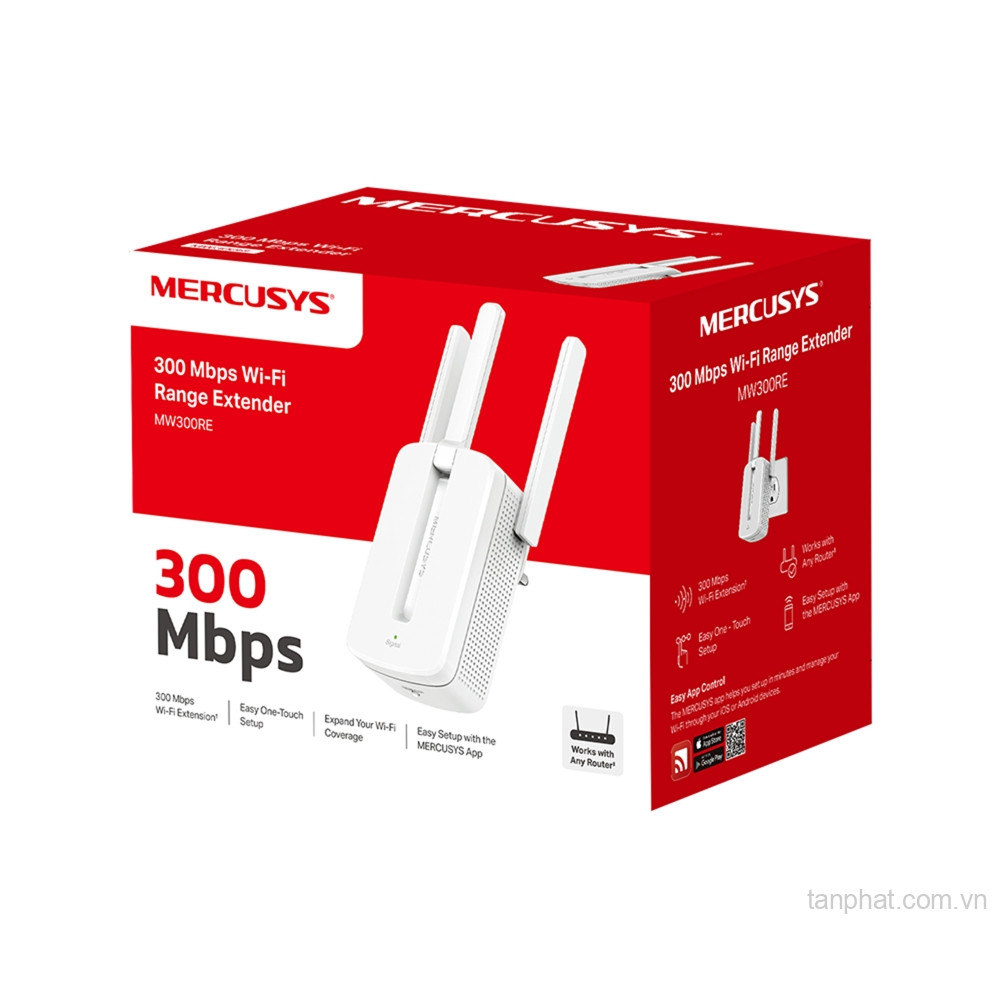 Bộ mở rộng sóng WiFi 4 Mercusys MW300RE N300, 3 ăng-ten, công nghệ MIMO