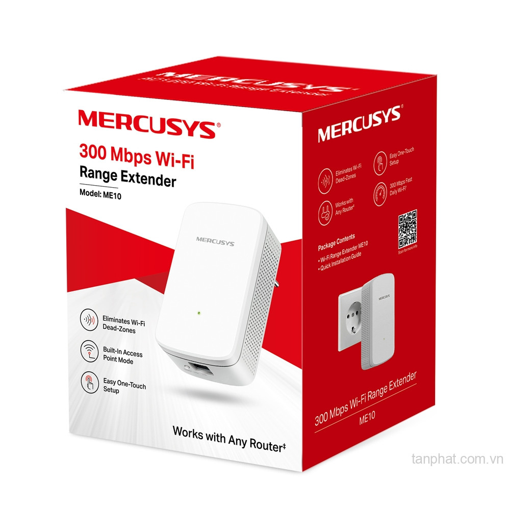 Bộ mở rộng sóng WiFi 4 Mercusys ME10 N300, 1 cổng Fast Ethernet, ăng-ten trong