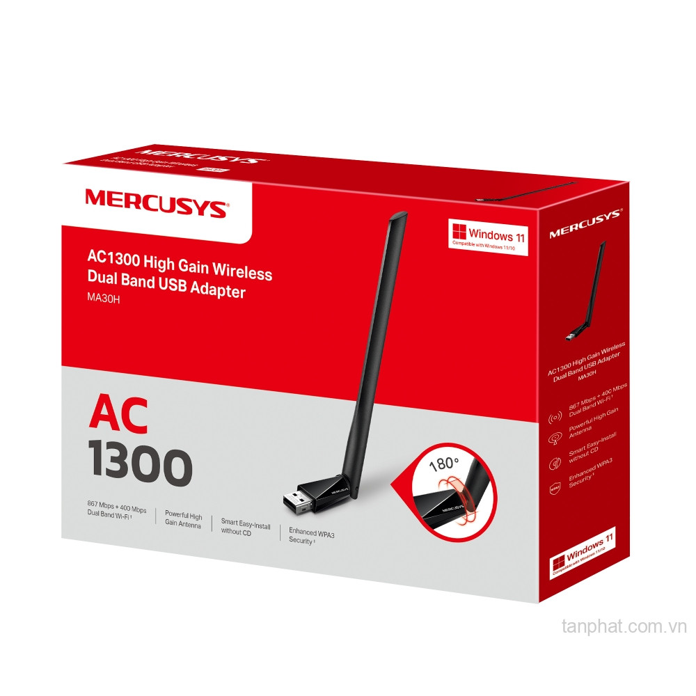 USB thu WiFi 5 Mercusys MA30H AC1300 dual-band, USB 2.0, ăng-ten độ lợi cao 5dBi